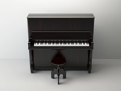 Dark Wood Upright Piano With Matching Wooden Stool For Home Music Space 3d model