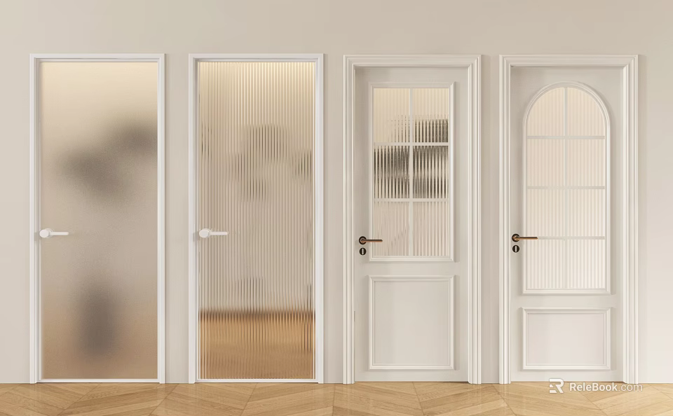 Various White Interior Door Designs Featuring Glass Panels And Wooden Flooring 3d model 
