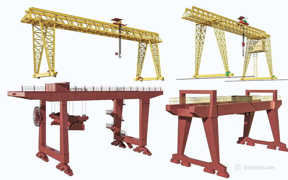 Industrial Gantry Cranes With Different Designs Yellow Red Colors Lifting Hooks And Rail Systems 3d model 