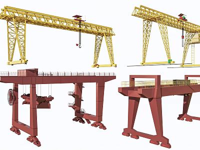 Industrial Gantry Cranes With Different Designs Yellow Red Colors Lifting Hooks And Rail Systems 3d model