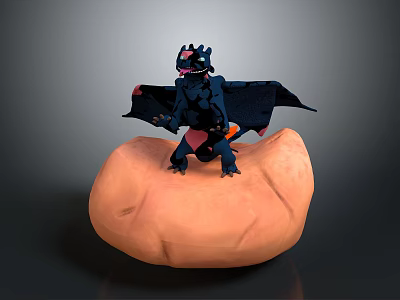 Black Dragon Figure Perched On Orange Rock Like Base With Spread Wings 3d model