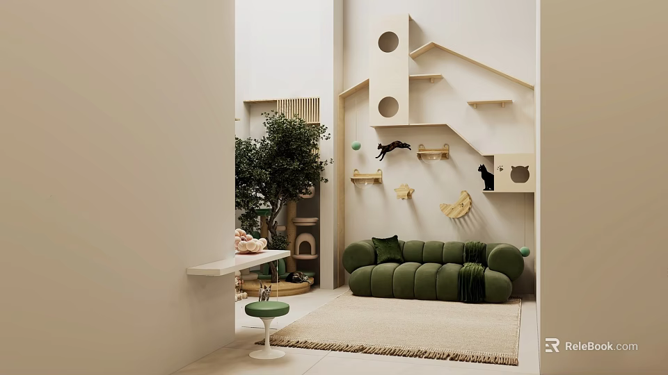 Pet Shop With Cozy Interior Featuring Cat Trees Green Plants And Comfortable Sofa 3d model 