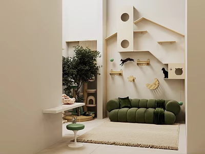 Pet Shop With Cozy Interior Featuring Cat Trees Green Plants And Comfortable Sofa 3d model