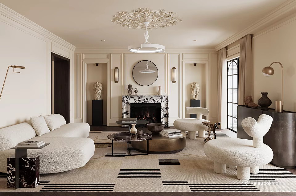 Elegant Living Room Interior With White Curved Sofa Marble Fireplace Round Chandelier And Striped Rug 3d model 