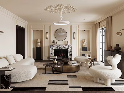 Elegant Living Room Interior With White Curved Sofa Marble Fireplace Round Chandelier And Striped Rug 3d model