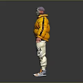 Masked Character Wearing Yellow Puffer Jacket With Biohazard Symbols On Pants And Orange Shoes