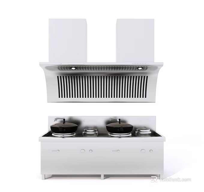 Modern Kitchen Appliances With White Range Hood And Stove Top Featuring Pans 3d model 