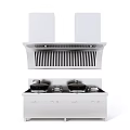 Modern Kitchen Appliances With White Range Hood And Stove Top Featuring Pans