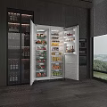 Open Refrigerator in Modern Kitchen Stocked with Fresh Fruits Vegetables and Beverages