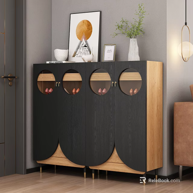 Modern Black And Wooden Shoe Cabinet With Circular Glass Doors And Decorative Top 3d model 
