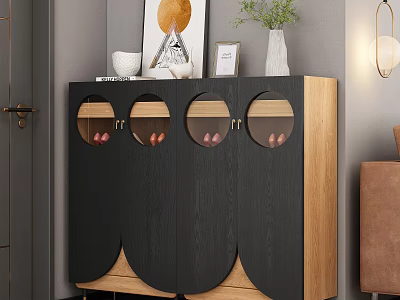 Modern Black And Wooden Shoe Cabinet With Circular Glass Doors And Decorative Top 3d model