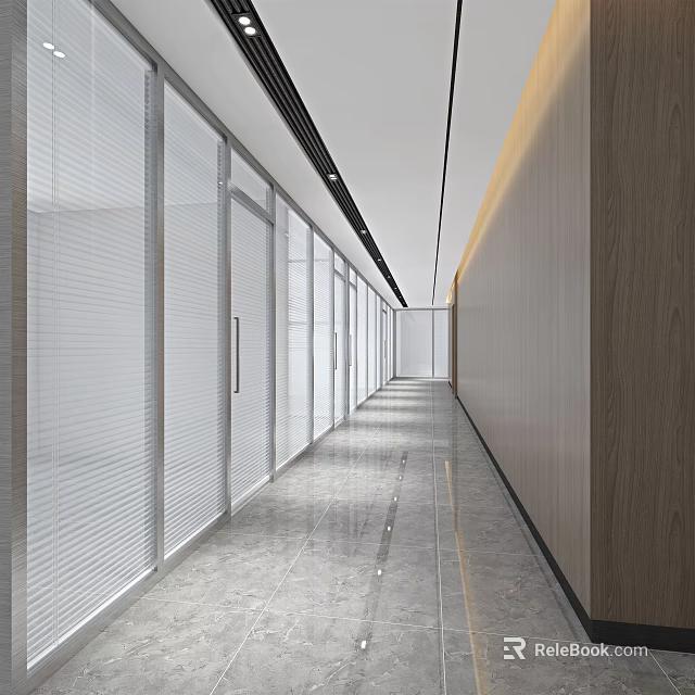 Modern Office Corridor Interior With Glass Partitions Sleek Flooring And Recessed Lighting 3d model 