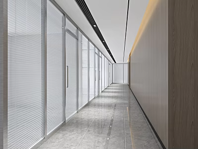Modern Office Corridor Interior With Glass Partitions Sleek Flooring And Recessed Lighting 3d model