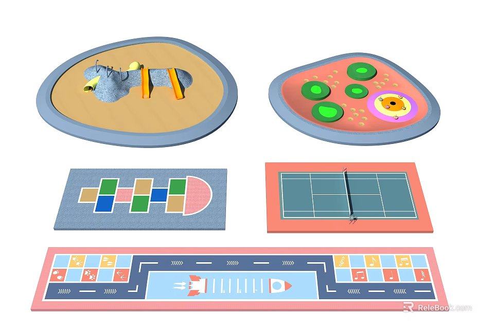 Colorful Children's Garden Landscape With Various Shaped Play Areas And Colorful Patterns 3d model 