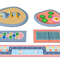 Colorful Children's Garden Landscape With Various Shaped Play Areas And Colorful Patterns