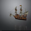 Wooden Sailing Ship Model With Red Cross Sails And Decorative Flag