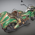 Green Vintage Motorcycle With Rustic Sidecar And Classic Retro Design Elements 3d model