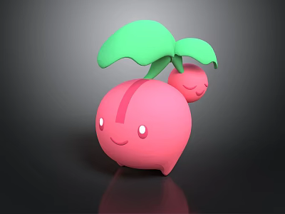 Pink 3D Cartoon Character With Two Green Leaves And Smiling Face On Dark Background 3d model