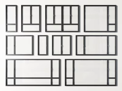 Casement Windows With Various Designs Black Frames Different Sizes And Clear Glass 3d model