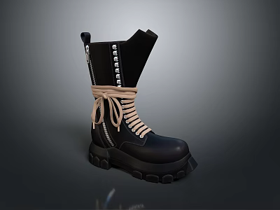 Black Stylish Boots With Thick Sole Beige Laces And White Rivets Design 3d model