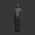 Character Wearing Gray Hoodie And Black Pants With Brown Shoulder Bag Standing Against Gray Background