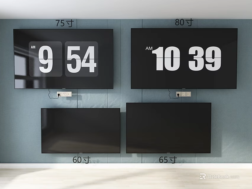 Wall Mounted Televisions With Different Sizes And Time Display On Screens 3d model