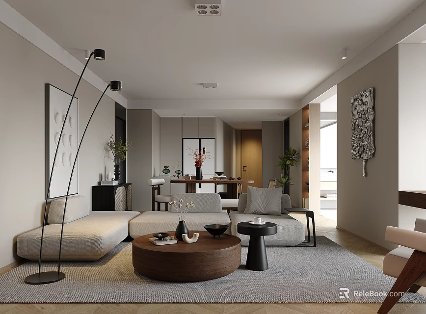 Modern Living and Dining Room Interior With Sofa Round Coffee Table Dining Table And Decorative Painting 3d model 