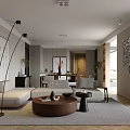 Modern Living and Dining Room Interior With Sofa Round Coffee Table Dining Table And Decorative Painting