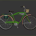 Green Vintage Bicycle With Woven Handlebar Basket And Rear Storage Bag