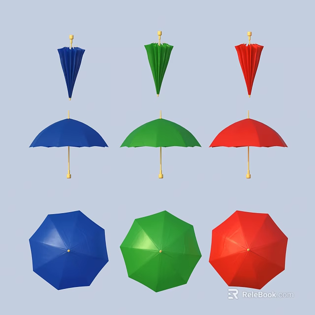 Colorful Umbrellas in Blue Green Red Open and Closed for Daily Use 3d model 