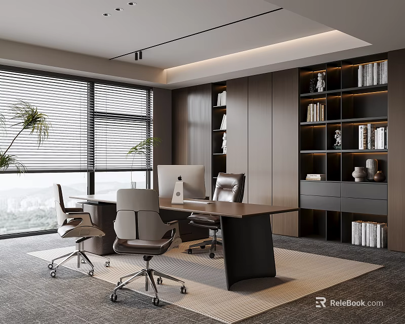 Modern Office Interior With Large Windows Blinds Desk Ergonomic Chairs Bookshelves And Plants 3d model 