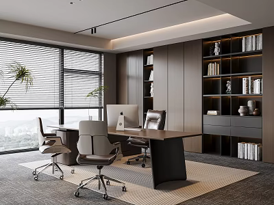 Modern Office Interior With Large Windows Blinds Desk Ergonomic Chairs Bookshelves And Plants 3d model