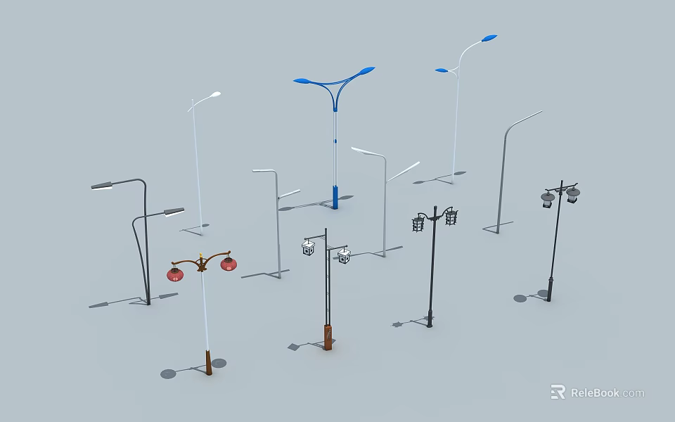 Outdoor Street Lights Featuring Modern Stylish Lamp Post With Various Decorative Designs 3d model 