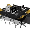 Modern Office Desk Setup With Yellow Chairs Computers And Decorative Items 3d model