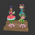 Cute Decorative Figurines With Pink Ballet Dress And Green Frog On Wooden Base
