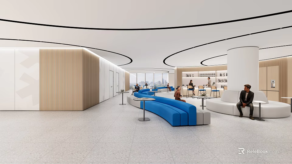 Modern Lounge Area Interior Design With Blue Curved Sofas White Seats And People Relaxing 3d model 