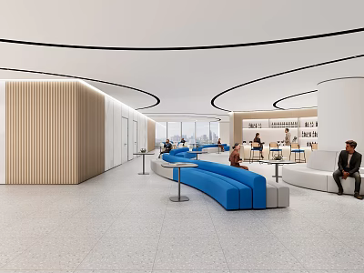 Modern Lounge Area Interior Design With Blue Curved Sofas White Seats And People Relaxing 3d model