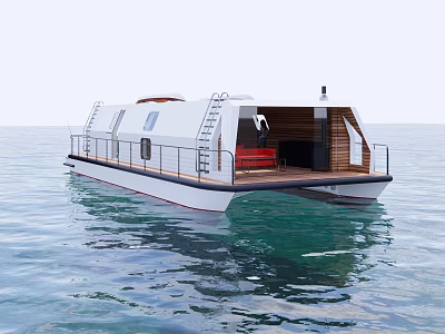 Modern Houseboat With Open Deck Stairs Red Sofa And White Hull On Water 3d model