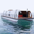 Modern Houseboat With Open Deck Stairs Red Sofa And White Hull On Water
