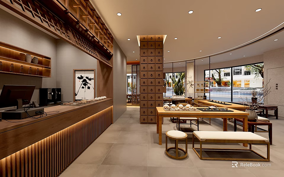 Modern Japanese Teahouse Interior With Wooden Counter Display Tables And Benches 3d model 