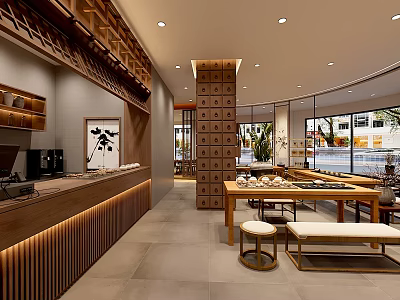 Modern Japanese Teahouse Interior With Wooden Counter Display Tables And Benches 3d model