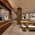Modern Japanese Teahouse Interior With Wooden Counter Display Tables And Benches