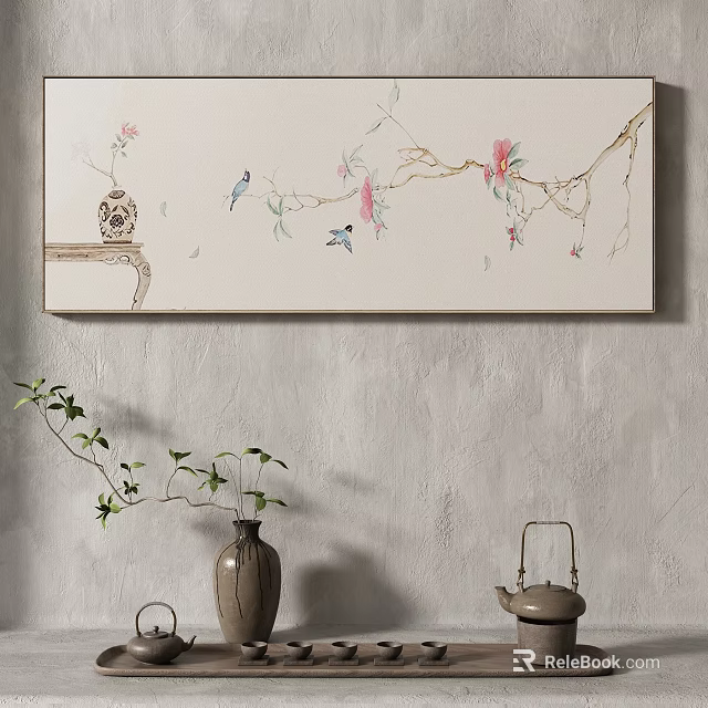 Chinese Style Interior Decor With Wall Art Vase And Teapot 3d model 