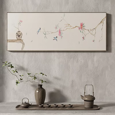 Chinese Style Interior Decor With Wall Art Vase And Teapot 3d model