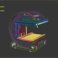 Blue Industrial Mechanical Equipment Featuring Curved Frame Platform Base and Yellow Accents