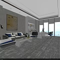 Modern Office Interior With Sofa Coffee Table Desk Chair Floor to Ceiling Windows And Artwork 3d model