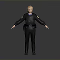 Woman with blonde hair in police uniform standing with arms outstretched against gray background