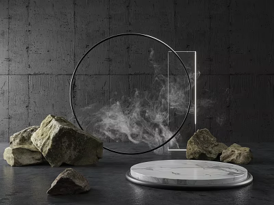 Commercial Display Equipment With Black Circular Ring Rectangular Frame Smoke And Marble Disc Base 3d model