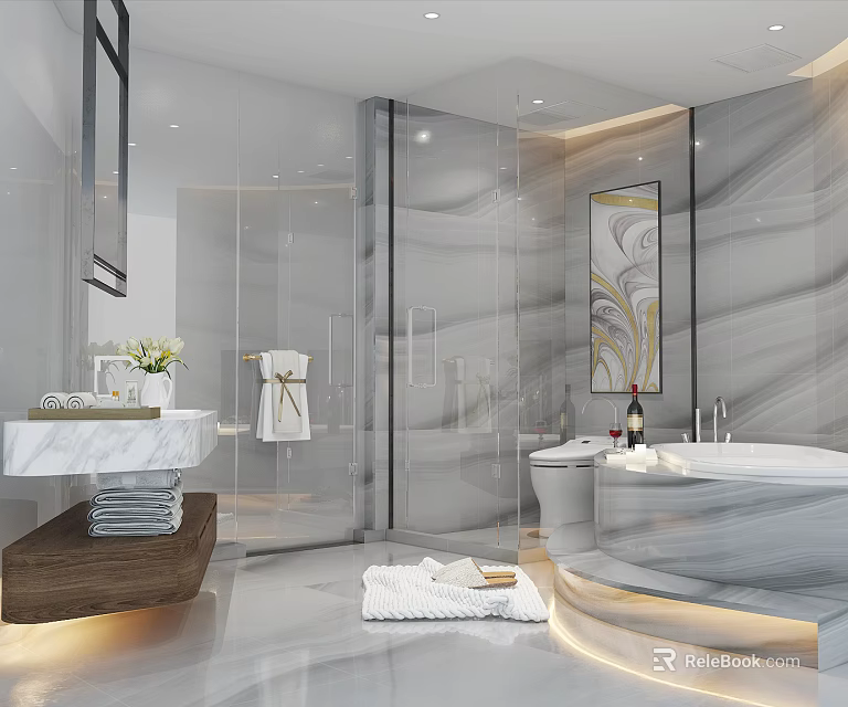Modern Luxury Marble Bathroom With Elegant Vanity Freestanding Bathtub And Clear Glass Shower Enclosure Design 3d model 