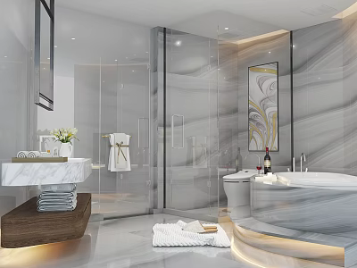 Modern Luxury Marble Bathroom With Elegant Vanity Freestanding Bathtub And Clear Glass Shower Enclosure Design 3d model